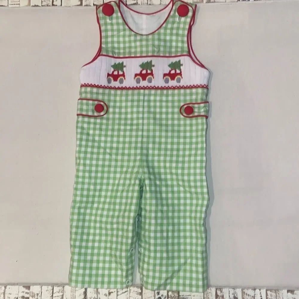 Boys Smocked Tommy John Romper Holiday Christmas size 6 month Christmas Tree